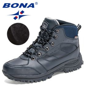 BONA 2022 New Designers Casual Winter Outdoor Snow Shoes Men Fashion Action Leather Plush Warm Boots Man High Top Hiking Shoes (Color: Deep blue S gray, size: 10.5)
