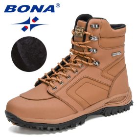 BONA 2022 New DesignersAction Leather Winter Ankle Boots Men Tactical Plush Anti-Skidding Classical Footwear Man Hiking Boots (Color: Light brown black, size: 9.5)