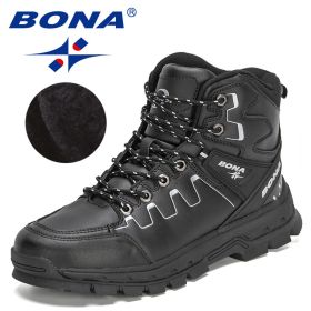 BONA 2022 New Designers Action Leather Hiking Shoes Men Winter Trekking Ankle Boots Man Top Quality Fashion Plush Boots Male (Color: Black silver gray, size: 8.5)