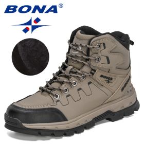 BONA 2022 New Designers Action Leather Hiking Shoes Men Winter Trekking Ankle Boots Man Top Quality Fashion Plush Boots Male (Color: Medium grey black, size: 9)